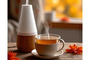 Autumn scene with calming aromatherapy diffuser and stress-relief supplements