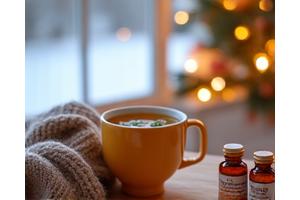 Winter scene with cozy blanket, tea, and immune-supporting supplements