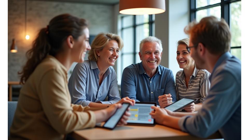 Diverse group of adults in a supportive online community setting, engaging in discussion.