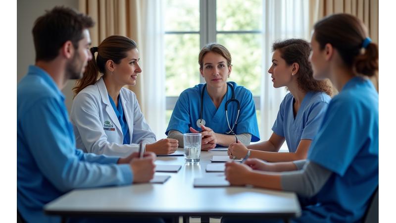 A group of healthcare professionals, diverse in age and background, engaging in a professional development workshop. They are seated at a modern conference table, looking attentive and actively participating.
