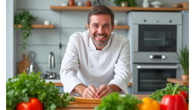 A chef guiding a live cooking class, demonstrating healthy meal preparation on a clean, modern kitchen set, viewed through a multi-camera online interface.