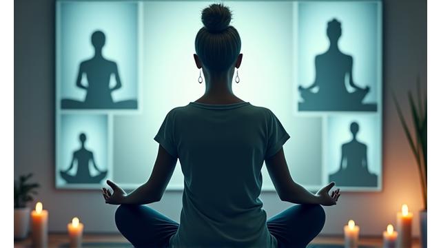 A mindfulness expert leading a guided meditation session, with participants visible on screen through a video conferencing platform, depicting a serene and focused atmosphere.