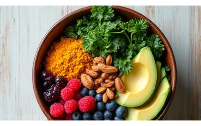 A vibrant bowl of anti-inflammatory foods like turmeric, ginger, berries and leafy greens.