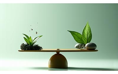 A balanced scale with natural elements on one side and scientific symbols on the other, representing hormone balance.