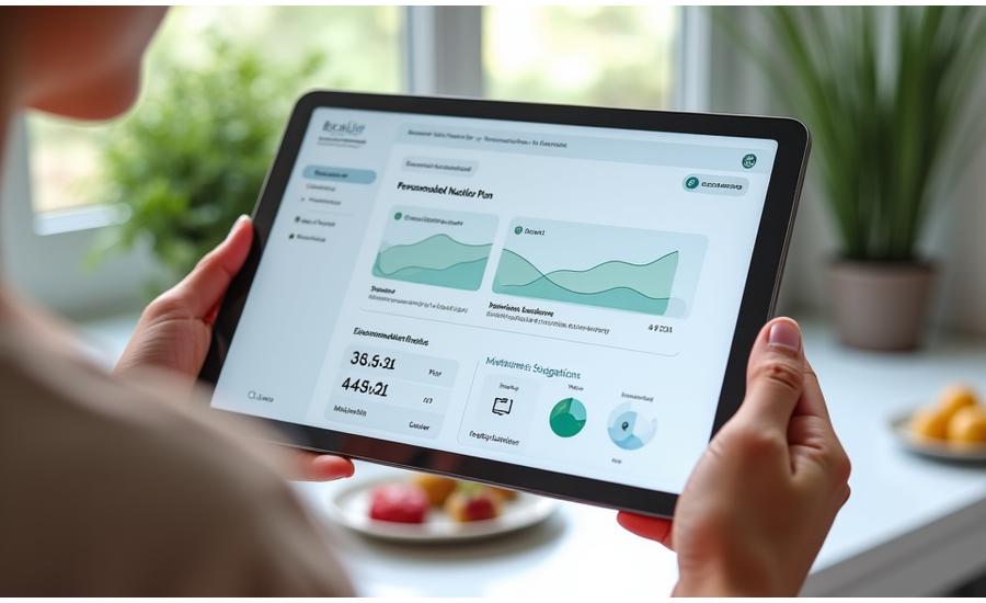A sleek user interface on a tablet showing personalized wellness recommendations, including diet plans, exercise routines, and mindfulness suggestions, with progress tracking elements. AI-generated data visualizations are subtly integrated.