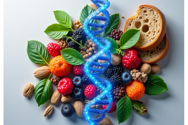 Close-up of a double helix DNA strand with fresh, healthy food items like berries and leafy greens in the background, symbolizing personalized nutrition.