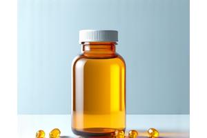 Omega-3 supplement bottle and capsules