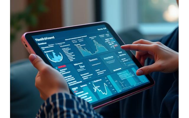 Digital dashboard displaying various health biomarkers like glucose levels and heart rate, integrated with data visualization