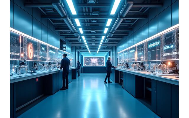 Modern laboratory setting with scientific equipment and glowing data graphs, symbolizing research and innovation