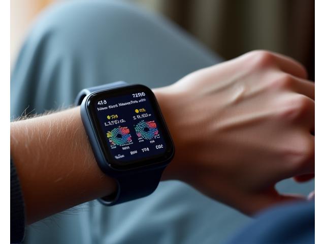 A close-up of a person's wrist wearing an advanced sleep tracking wearable, displaying intricate data visualizations on a digital screen, with a soft, ambient glow.