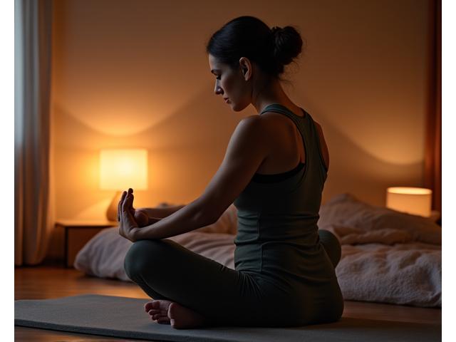 A person performing gentle evening stretches on a yoga mat in a dimly lit, calming room, preparing for sleep.