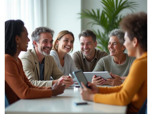 Diverse group of adults 35+ interacting respectfully and smiling in a supportive online community setting.